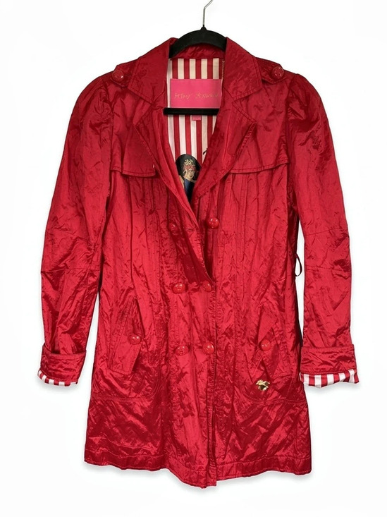 Betsey Johnson Jackets & Blazers - Y2K Betsey Johnson Red
Crinkled Stripe Trench Double
Breasted Coat Size S